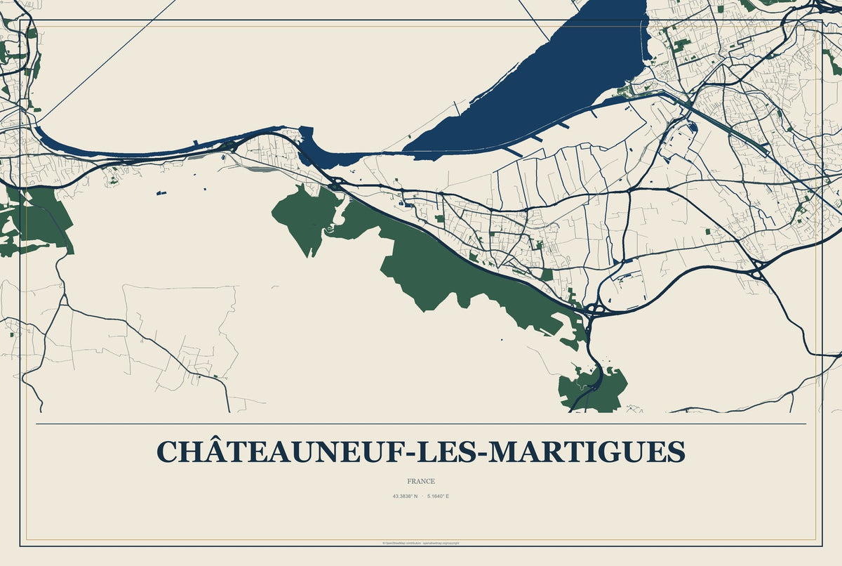 Châteauneuf-les-Martigues, France City Map Aluminum Sign in Coastal Cutout style