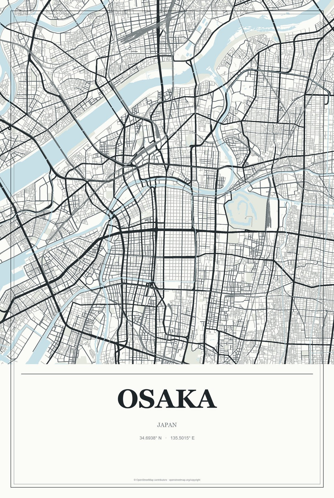 Osaka, Japan City Map Aluminum Sign in Gallery Air style