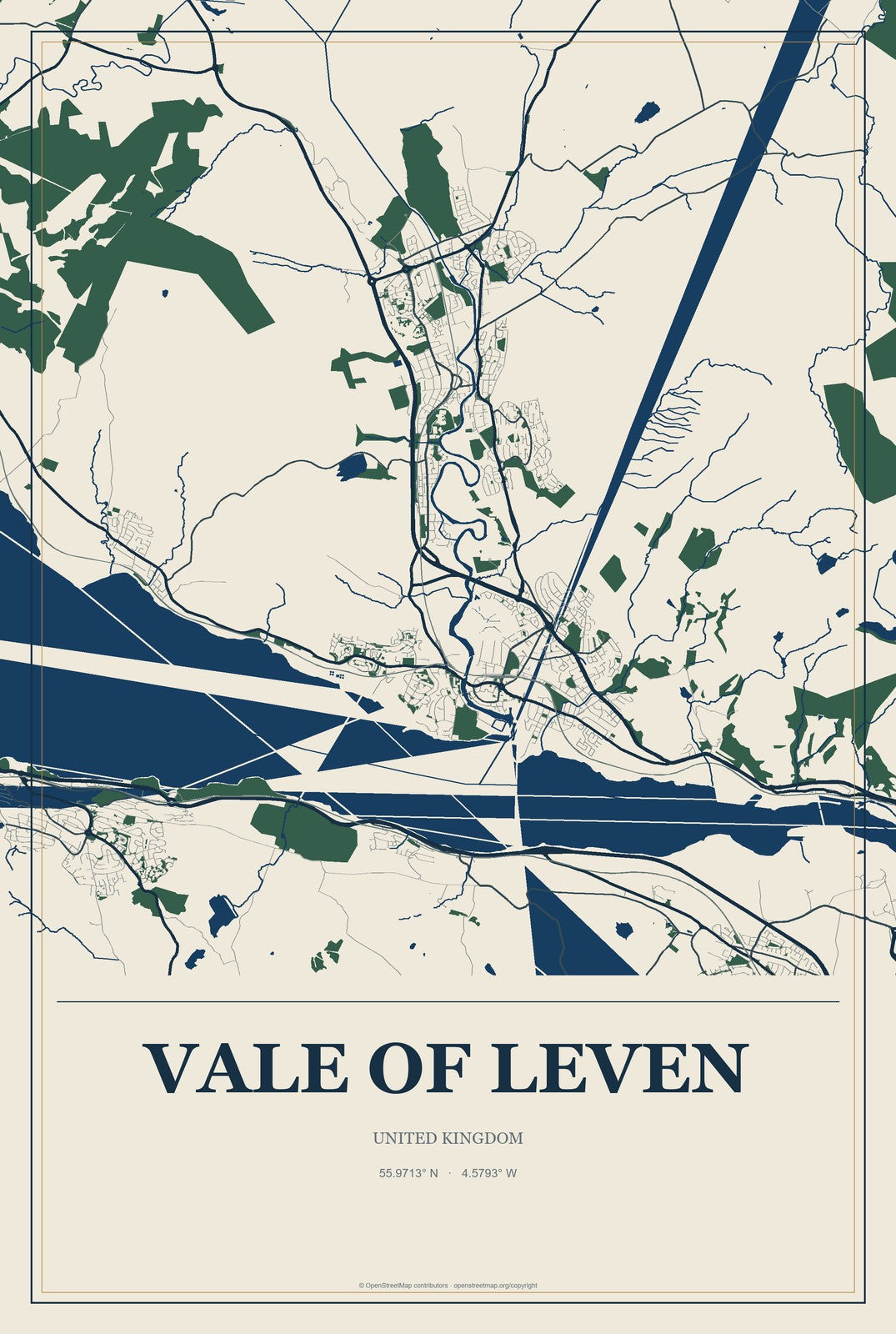 Vale of Leven, United Kingdom City Map Aluminum Sign in Coastal Cutout style