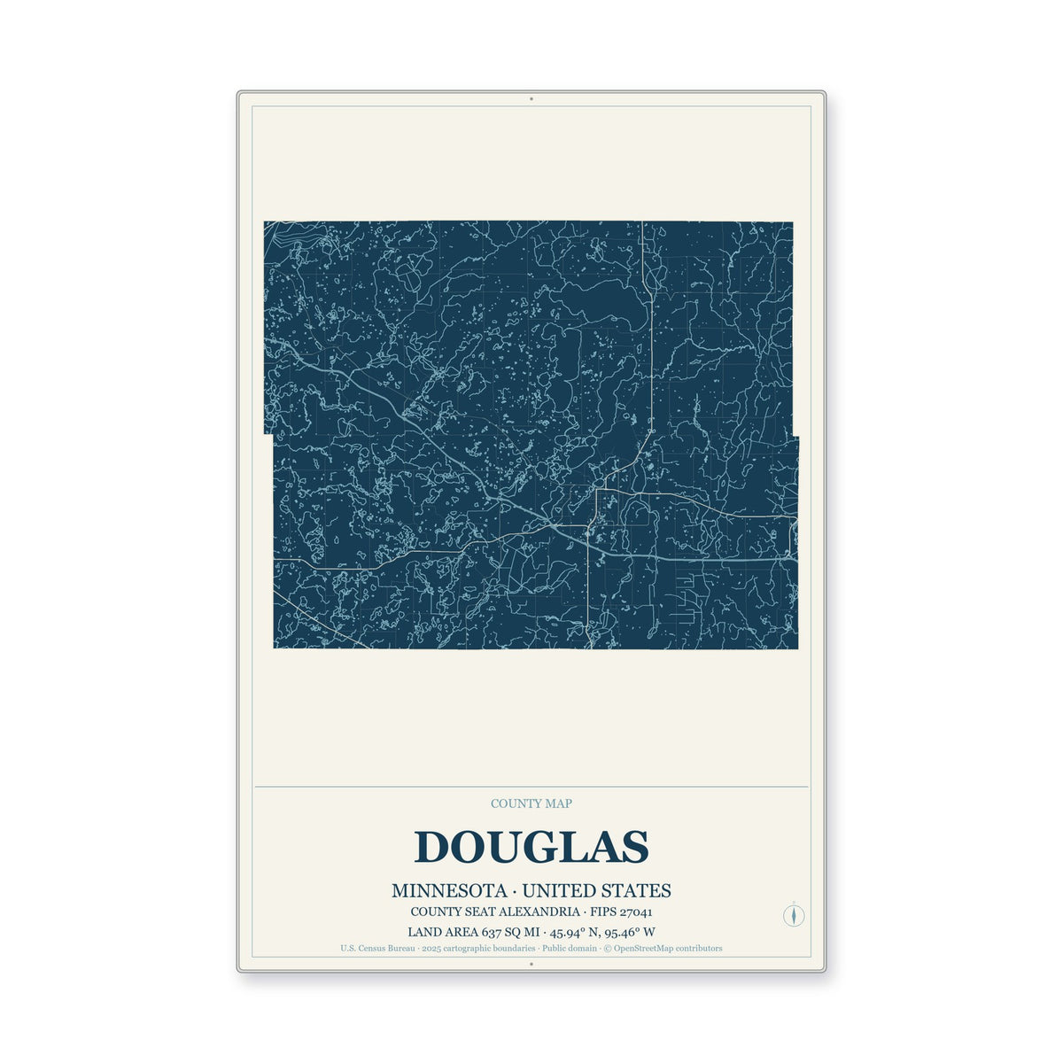 Douglas County, Minnesota Map Aluminum Sign in Coastal Cutout style