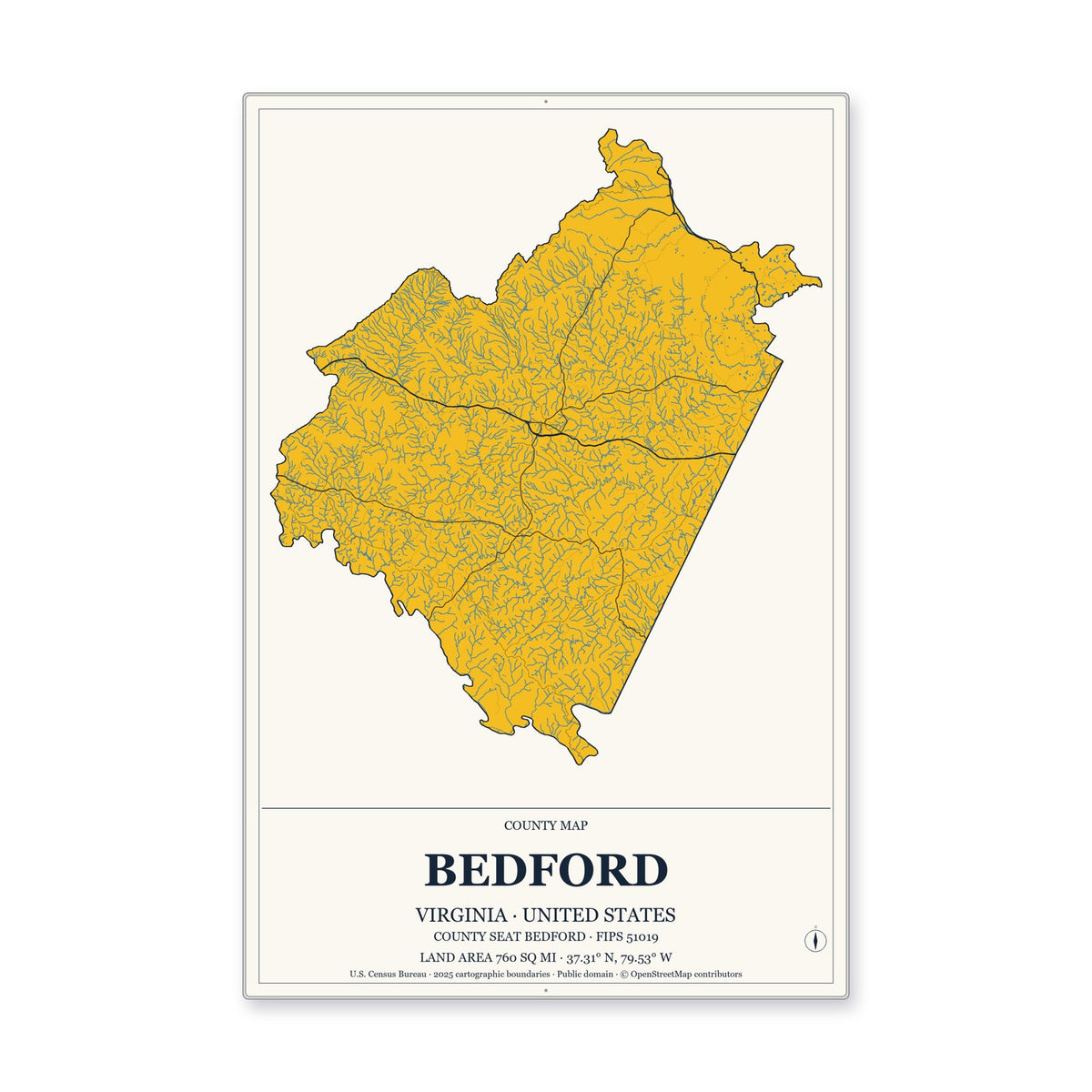 Bedford County, Virginia Map Aluminum Sign in Citrine Modern style