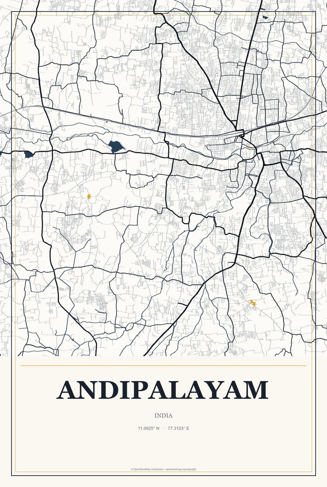 Andipalayam, India City Map Aluminum Sign in Citrine Modern style