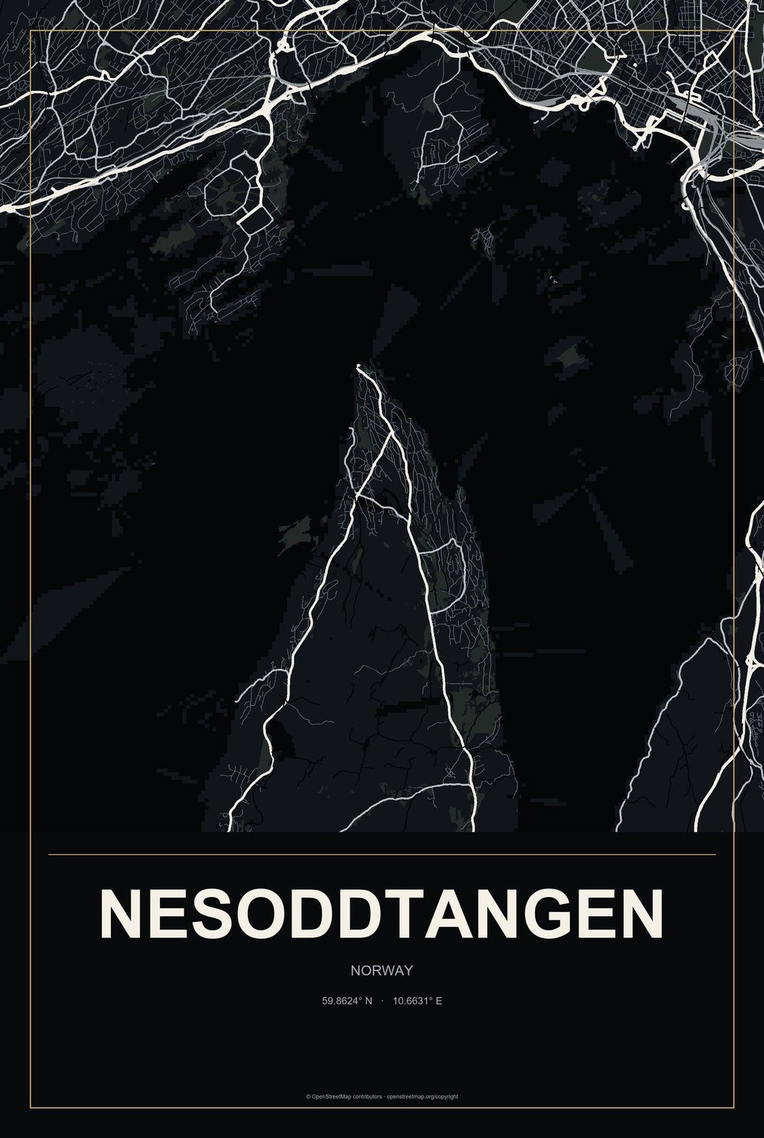 Nesoddtangen, Norway City Map Aluminum Sign in Metropolitan Noir style