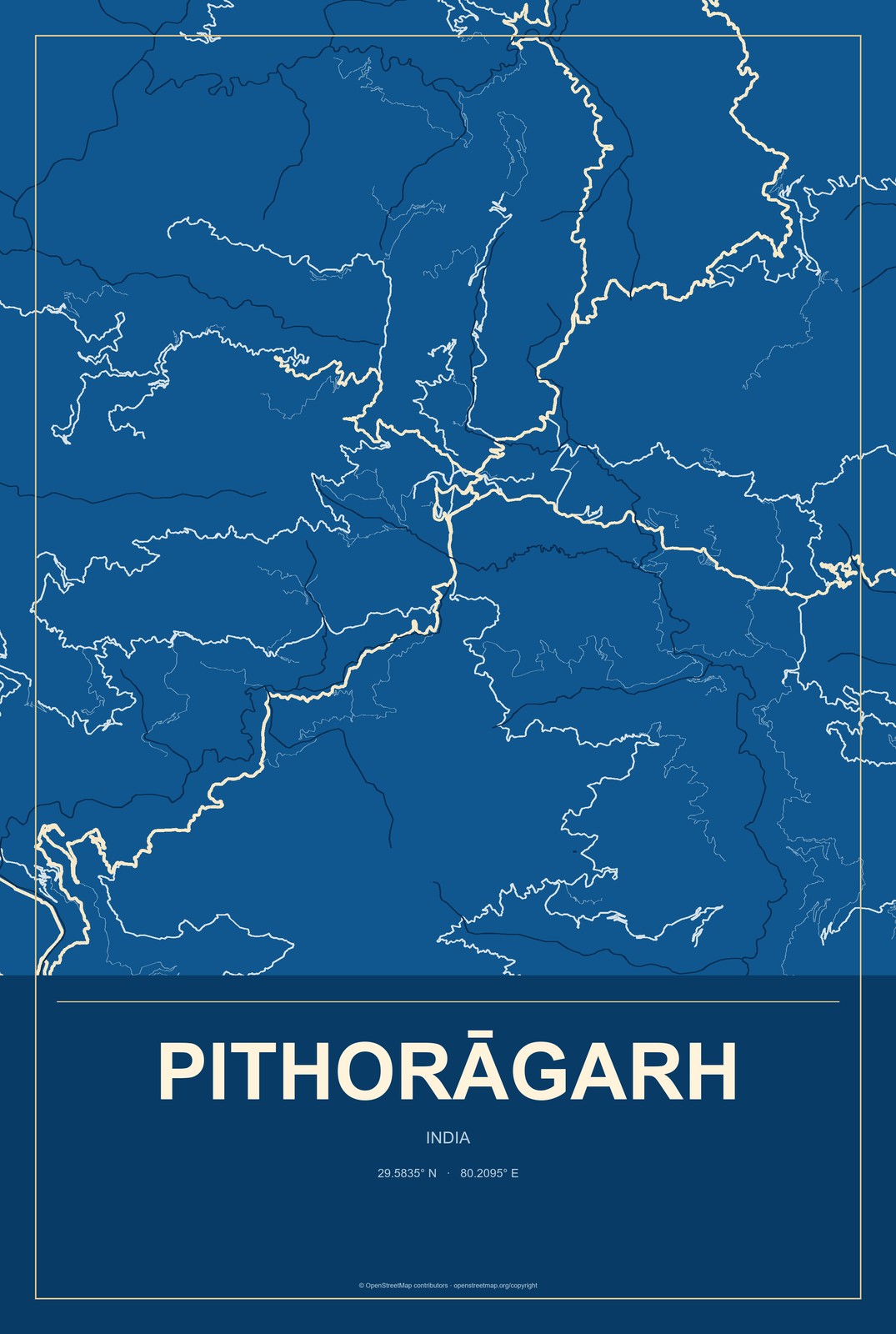 Pithorāgarh, India City Map Aluminum Sign in Harbor Cobalt style