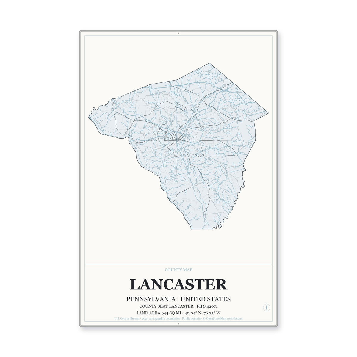 Lancaster County, Pennsylvania Map Aluminum Sign in Gallery Air style