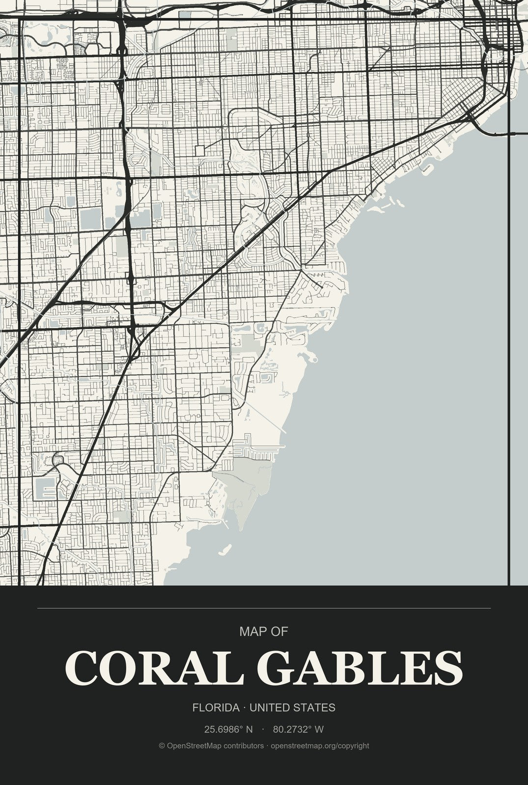 Coral Gables, Florida City Map Aluminum Sign in Museum Plaque style