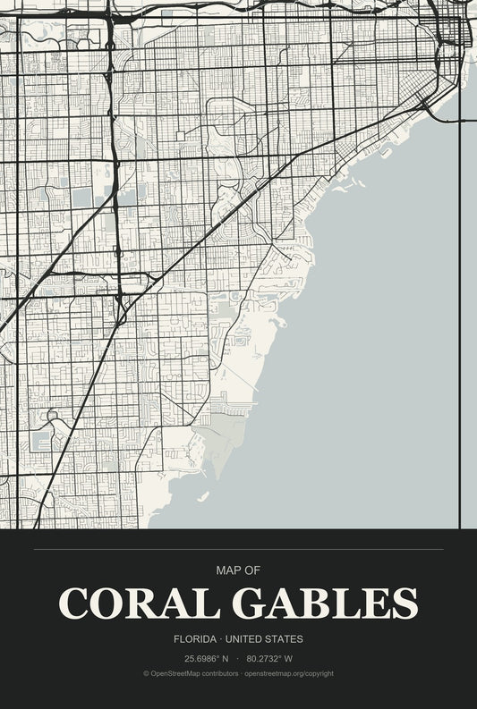 Coral Gables, Florida City Map Aluminum Sign in Museum Plaque style