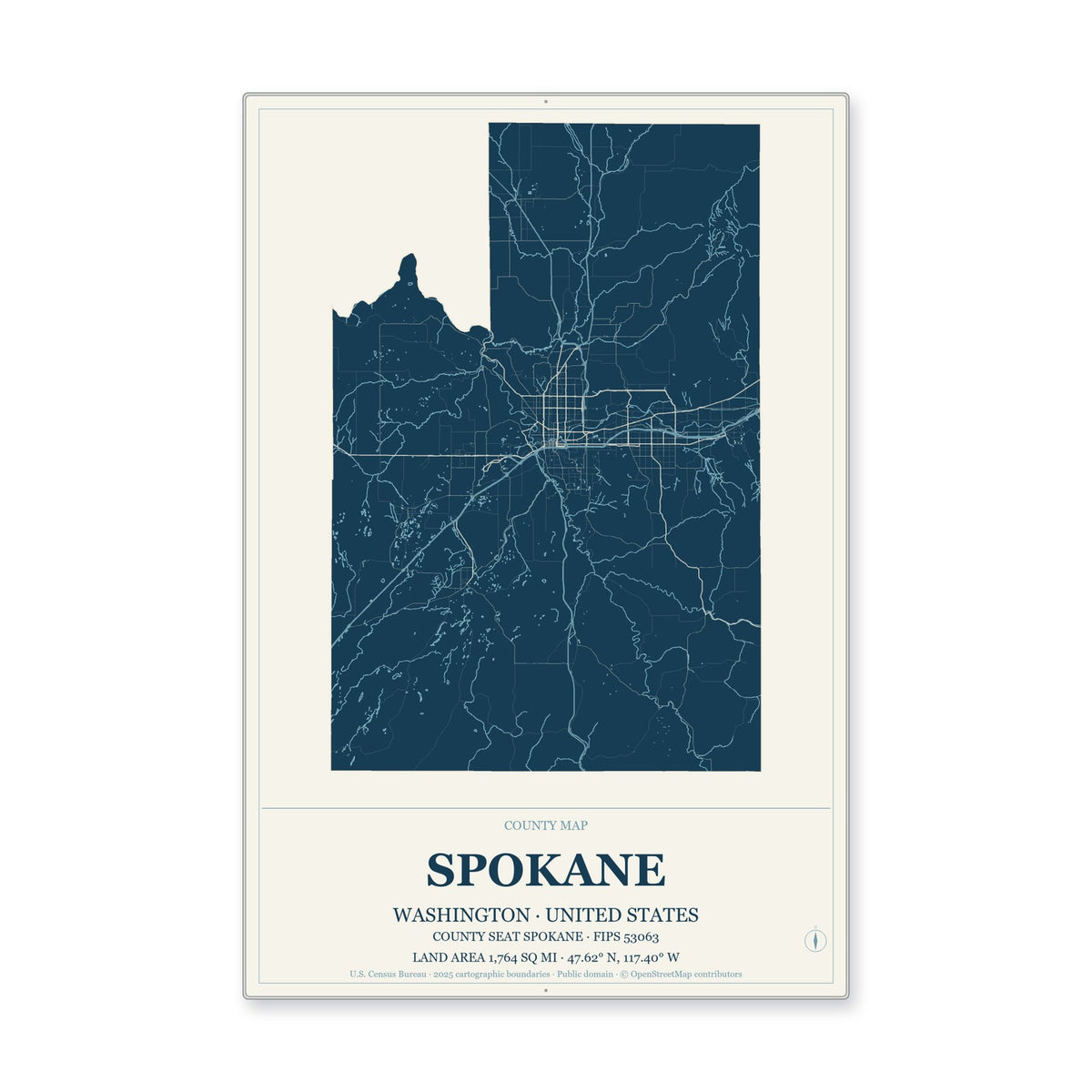 Spokane County, Washington Map Aluminum Sign in Coastal Cutout style