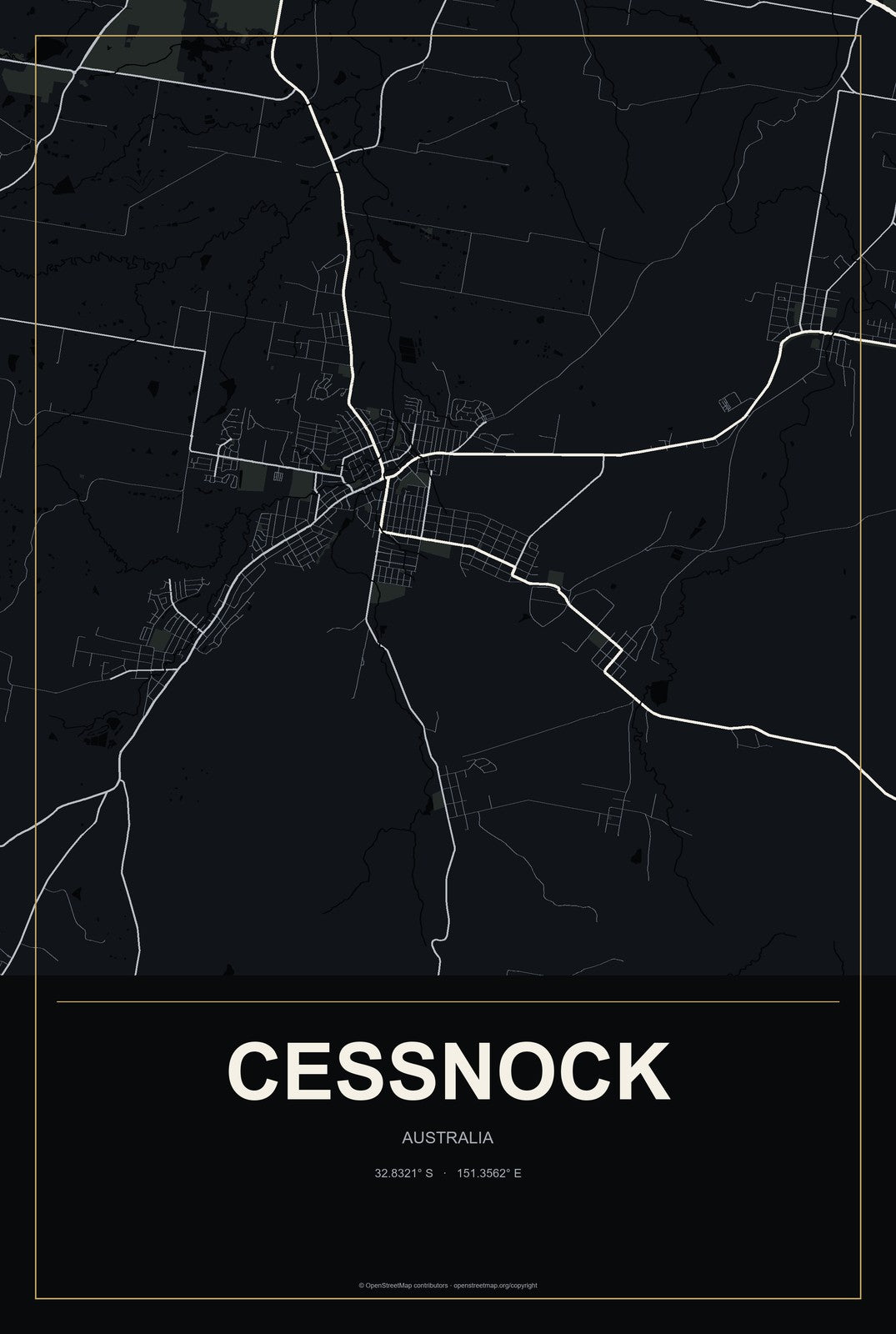 Cessnock, Australia City Map Aluminum Sign in Metropolitan Noir style