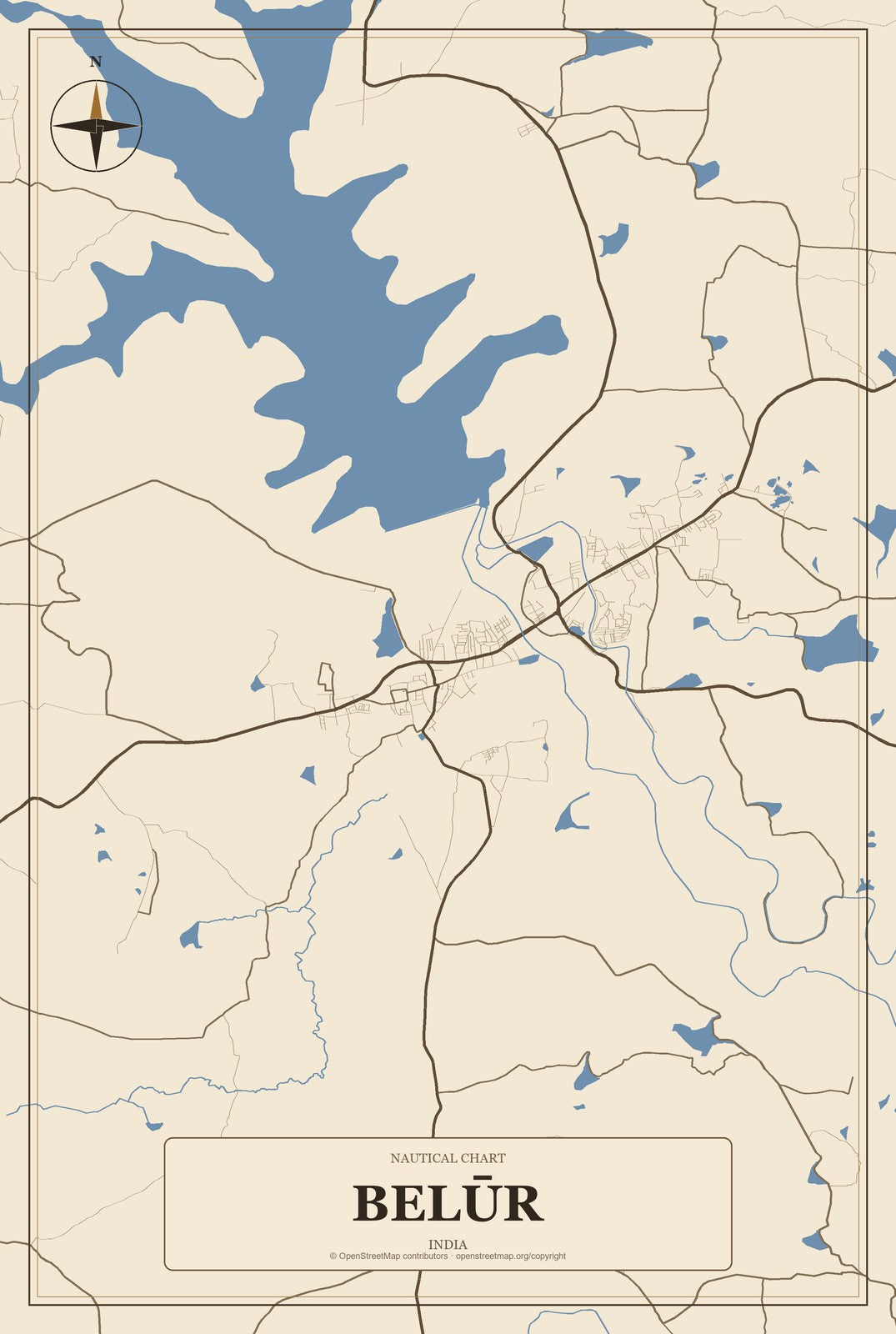 Belūr, India City Map Aluminum Sign in Heritage Nautical style