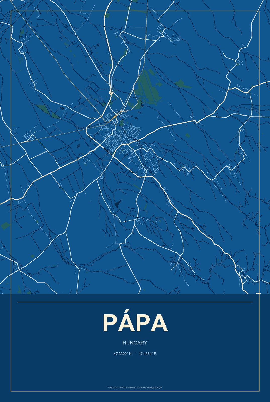 Pápa, Hungary City Map Aluminum Sign in Harbor Cobalt style