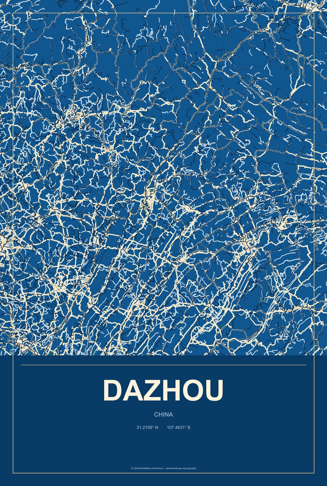 Dazhou, Chongqing, China City Map Aluminum Sign in Harbor Cobalt style