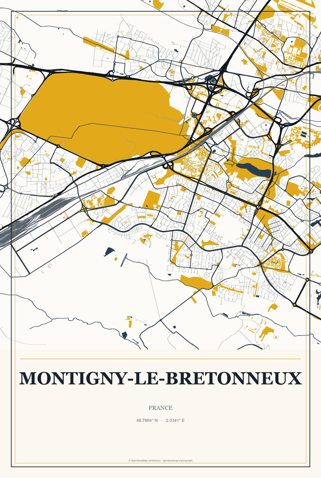Montigny-le-Bretonneux, France City Map Aluminum Sign in Citrine Modern style