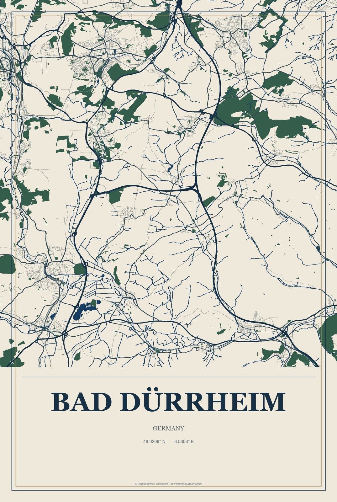 Bad Dürrheim, Germany City Map Aluminum Sign in Coastal Cutout style
