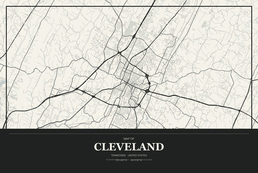 Cleveland, Tennessee City Map Aluminum Sign in Museum Plaque style