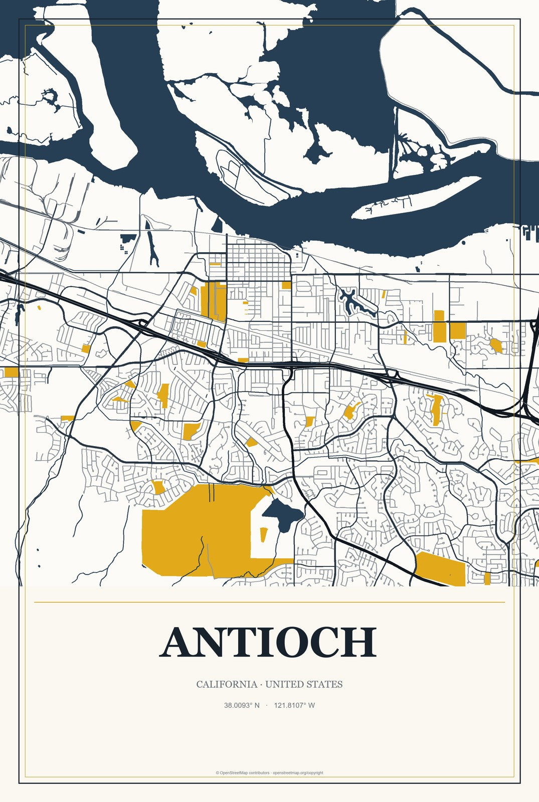 Antioch, California City Map Aluminum Sign in Citrine Modern style