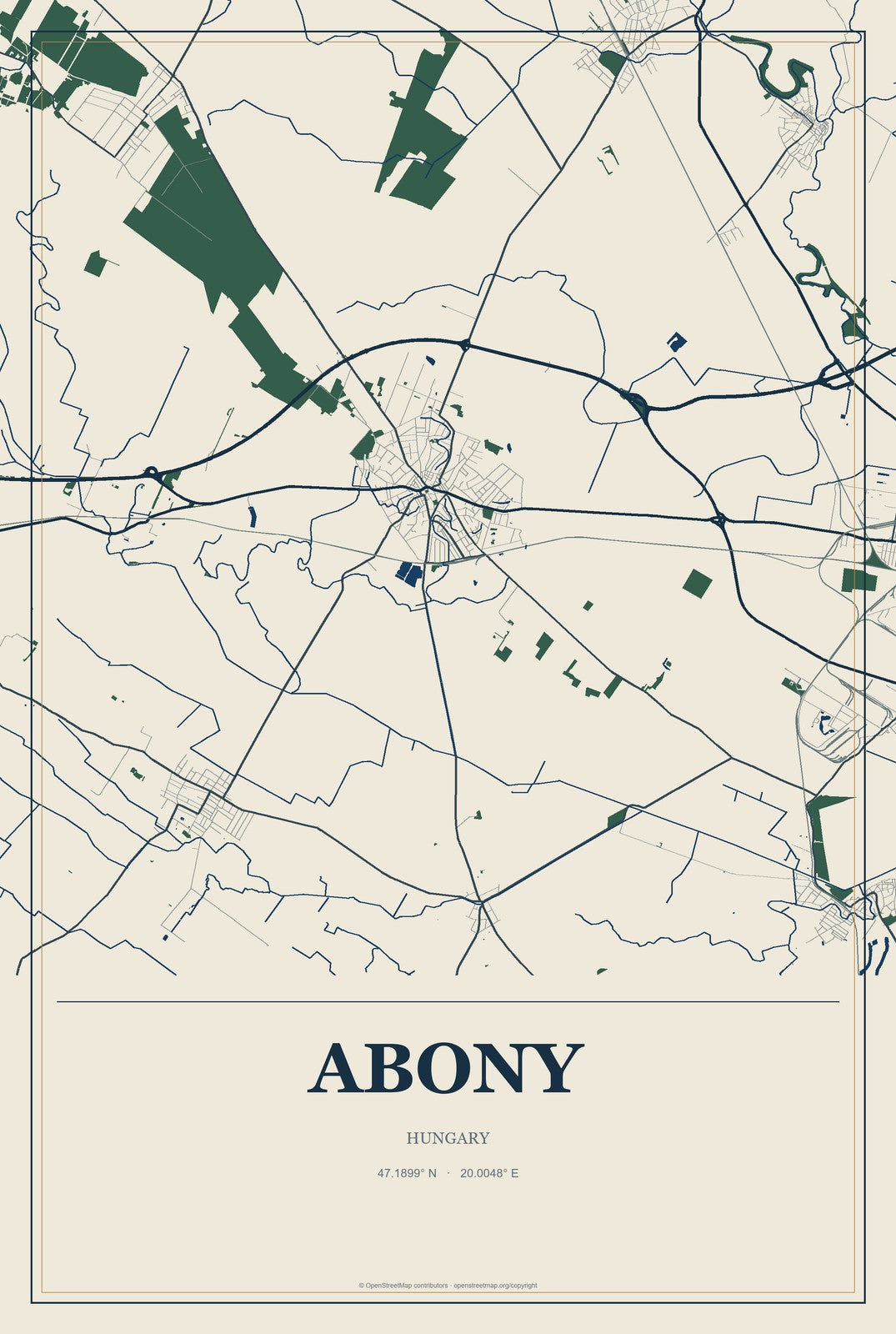 Abony, Hungary City Map Aluminum Sign in Coastal Cutout style