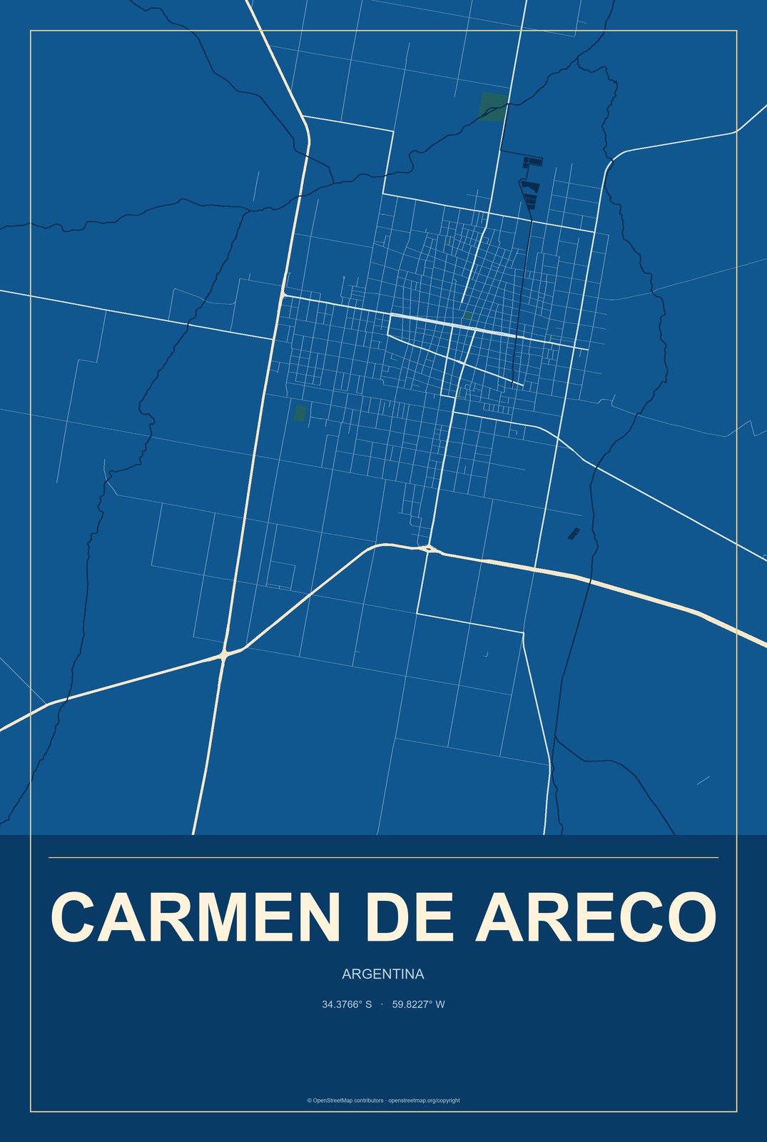 Carmen de Areco, Argentina City Map Aluminum Sign in Harbor Cobalt style
