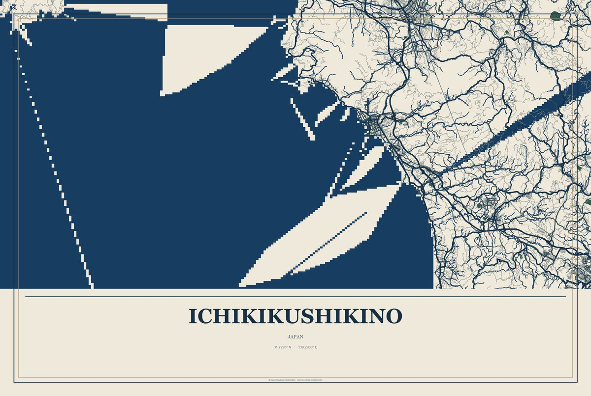 Ichikikushikino, Japan City Map Aluminum Sign in Coastal Cutout style