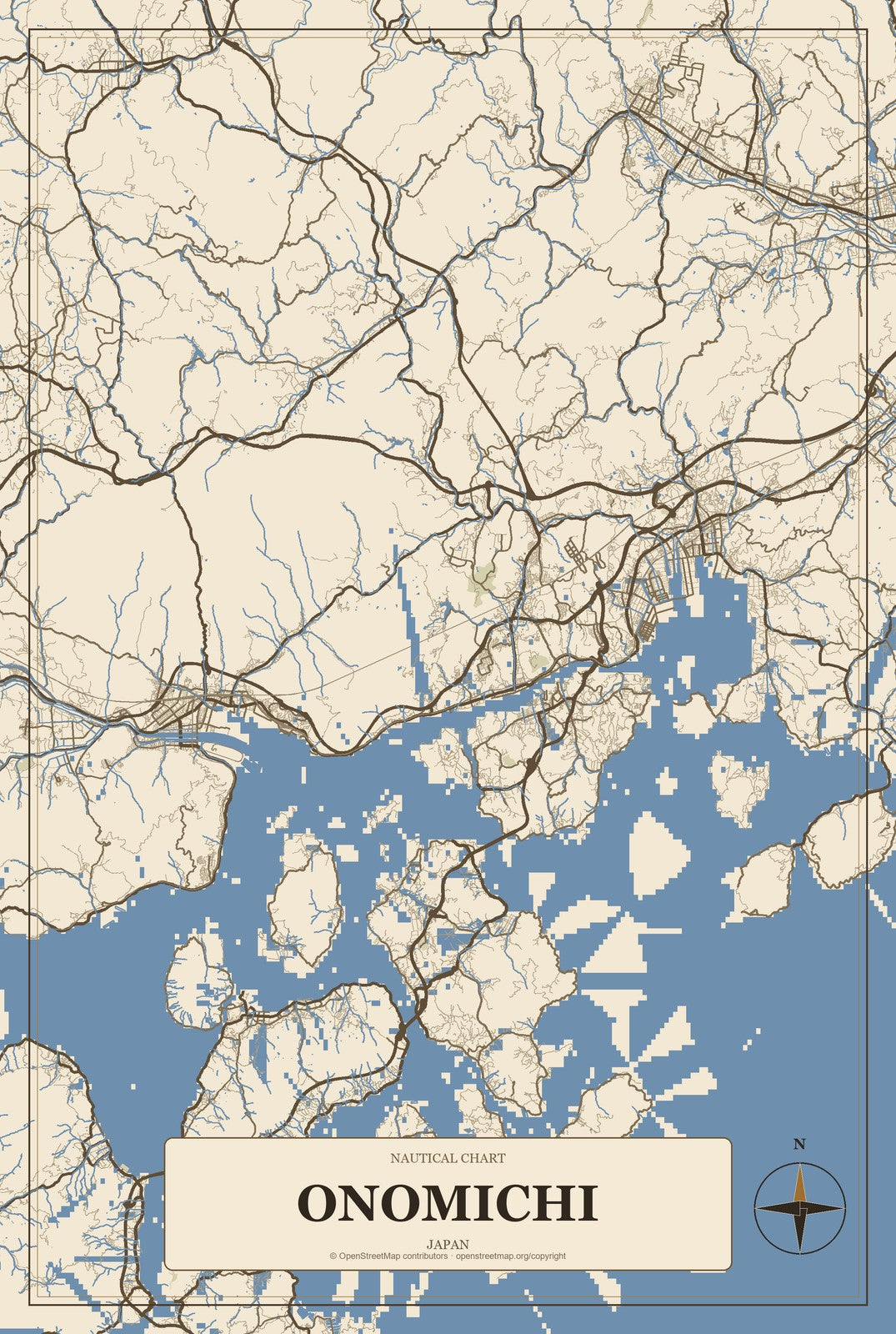 Onomichi, Japan City Map Aluminum Sign in Heritage Nautical style
