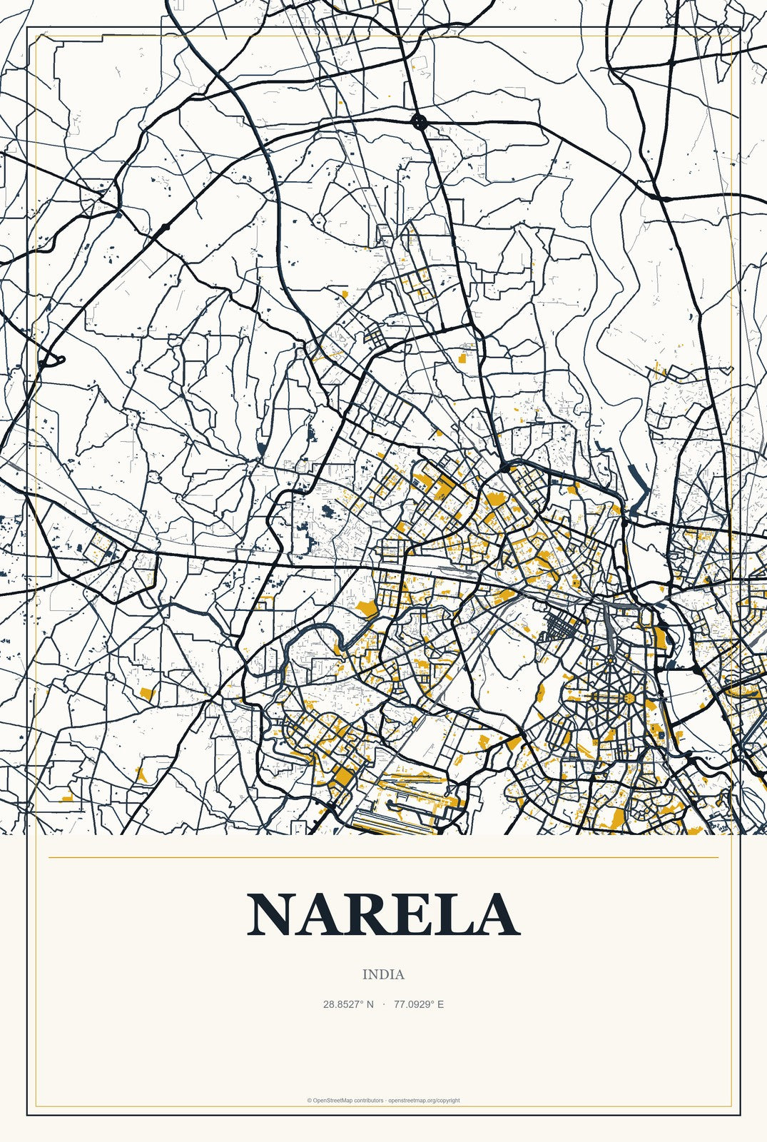 Narela, India City Map Aluminum Sign in Citrine Modern style
