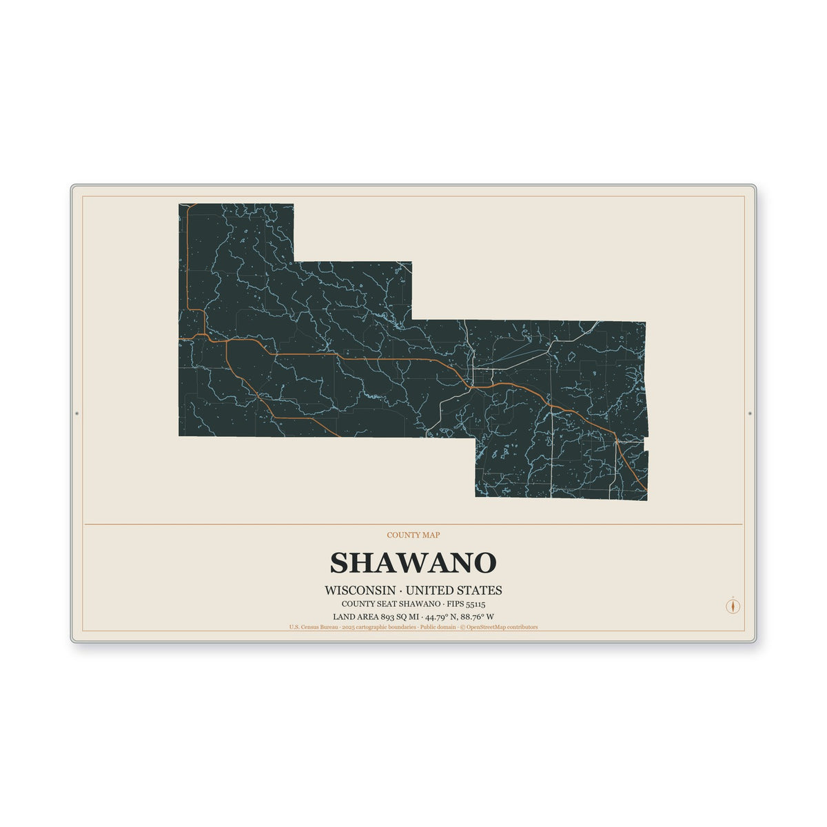 Shawano County, Wisconsin Map Aluminum Sign in Headline Atlas style