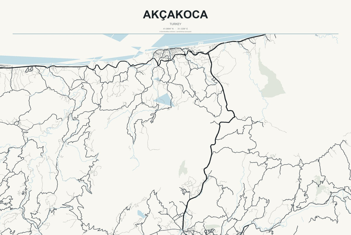 Akçakoca, Turkey City Map Aluminum Sign in Headline Atlas style