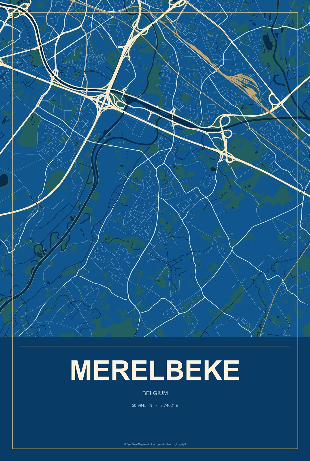 Merelbeke, Belgium City Map Aluminum Sign in Harbor Cobalt style