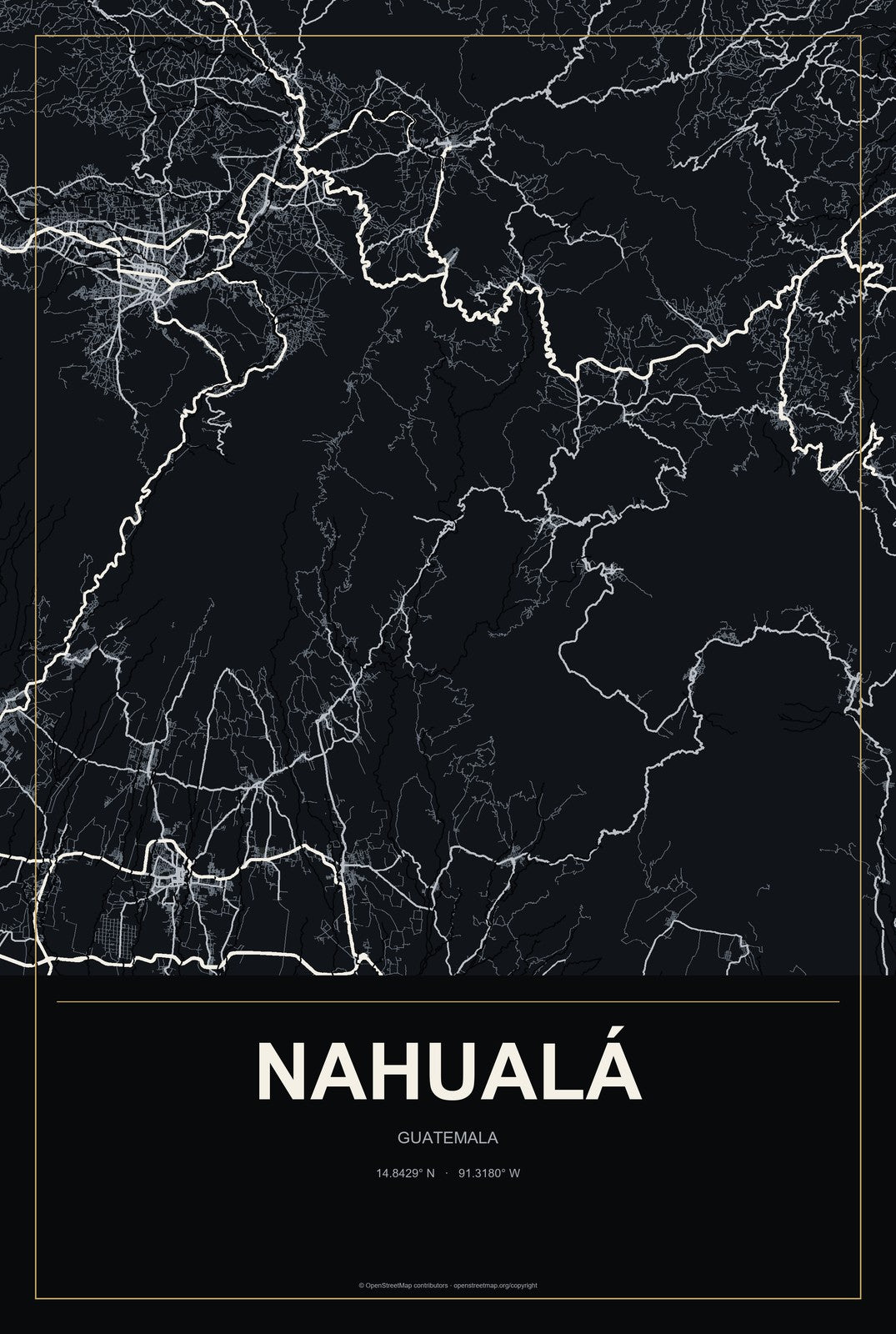 Nahualá, Guatemala City Map Aluminum Sign in Metropolitan Noir style