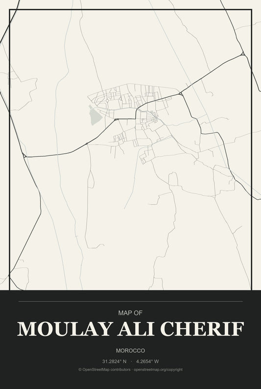 Moulay Ali Cherif, Morocco City Map Aluminum Sign in Museum Plaque style