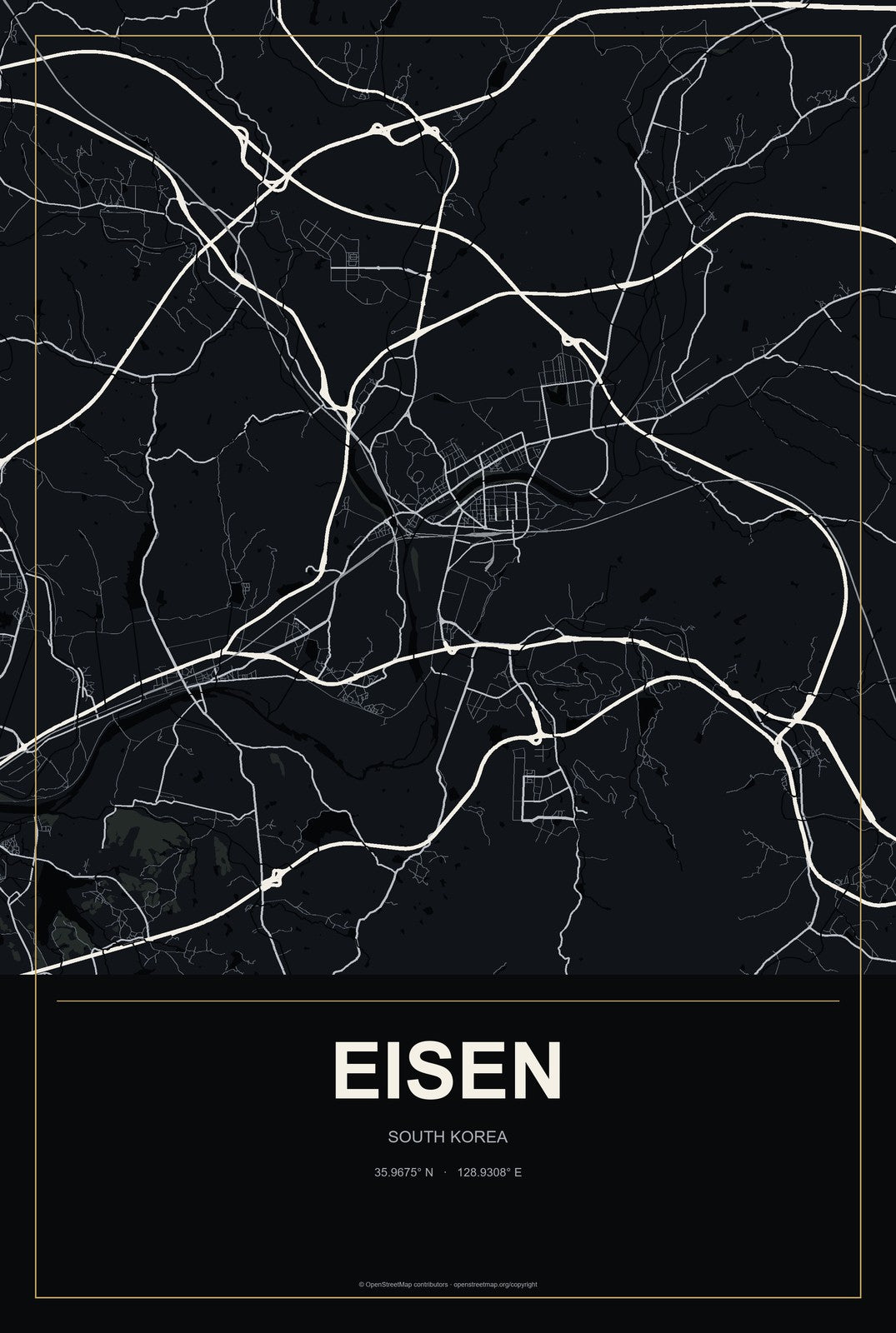 Eisen, South Korea City Map Aluminum Sign in Metropolitan Noir style