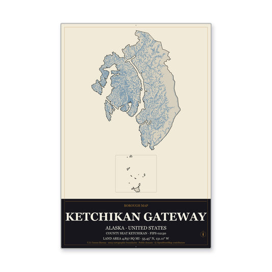 Ketchikan Gateway Borough, Alaska Map Aluminum Sign in Museum Plaque style