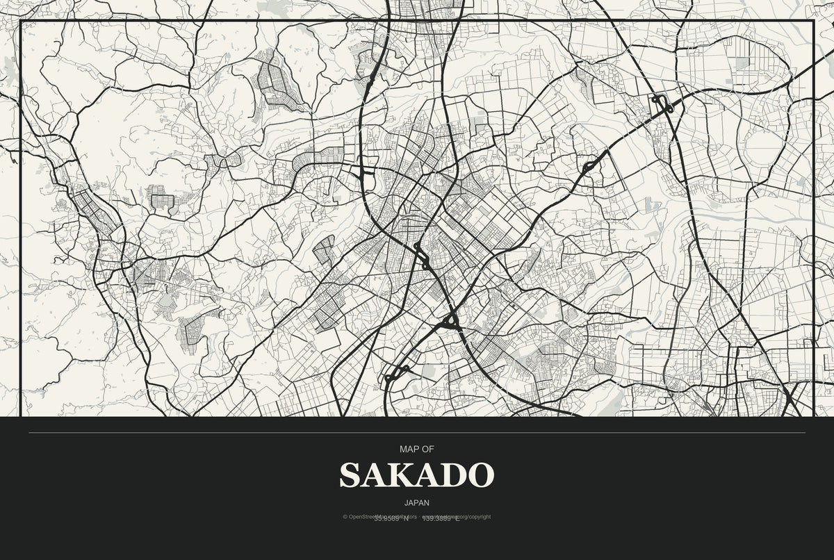 Sakado, Japan City Map Aluminum Sign in Museum Plaque style