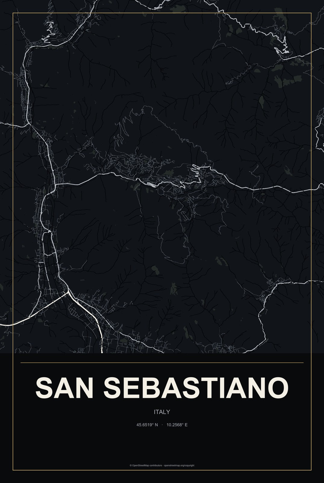 San Sebastiano, Italy City Map Aluminum Sign in Metropolitan Noir style