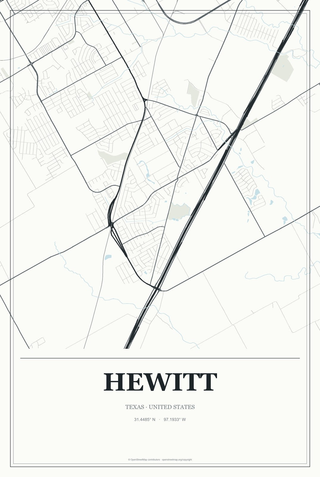 Hewitt, Texas City Map Aluminum Sign in Gallery Air style
