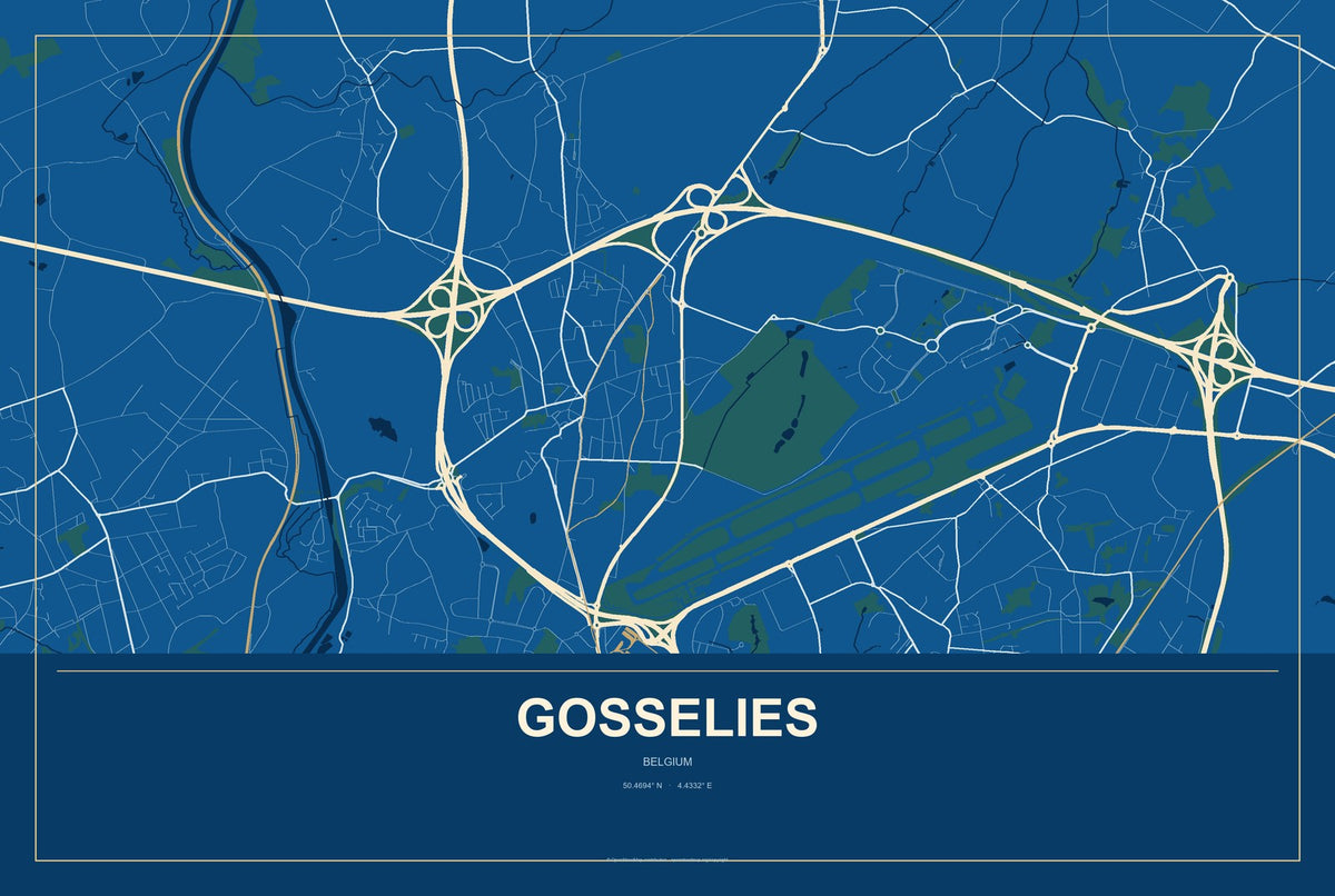 Gosselies, Belgium City Map Aluminum Sign in Harbor Cobalt style