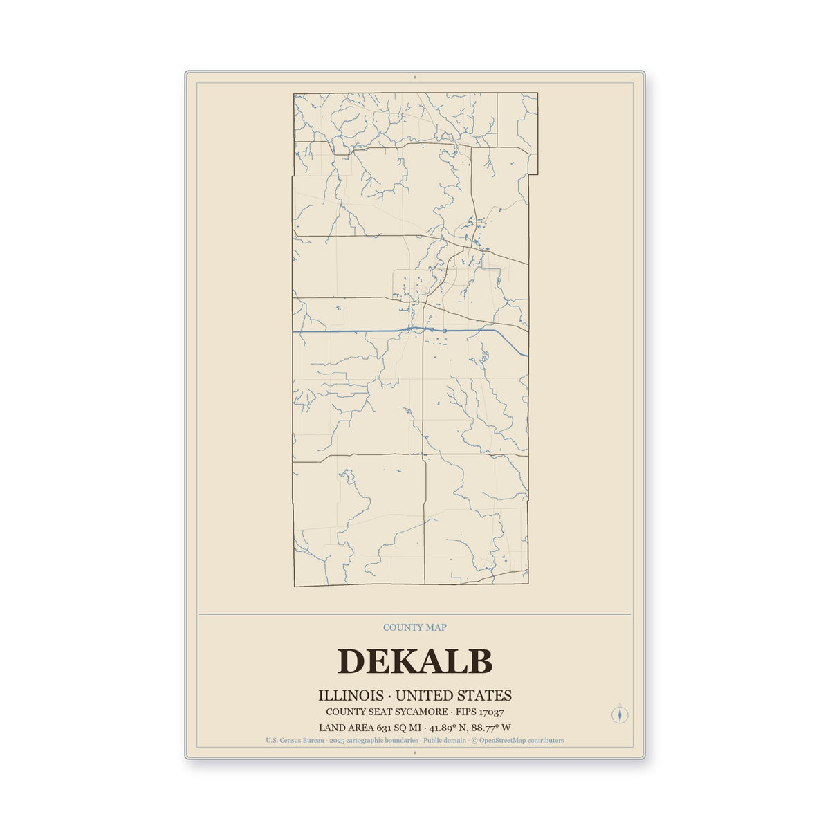 DeKalb County, Illinois Map Aluminum Sign in Heritage Nautical style
