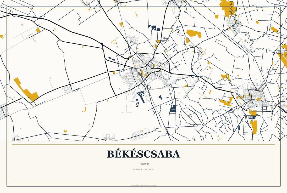 Békéscsaba, Hungary City Map Aluminum Sign in Citrine Modern style