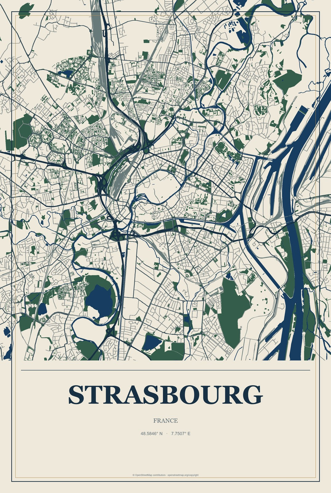 Strasbourg, France City Map Aluminum Sign in Coastal Cutout style