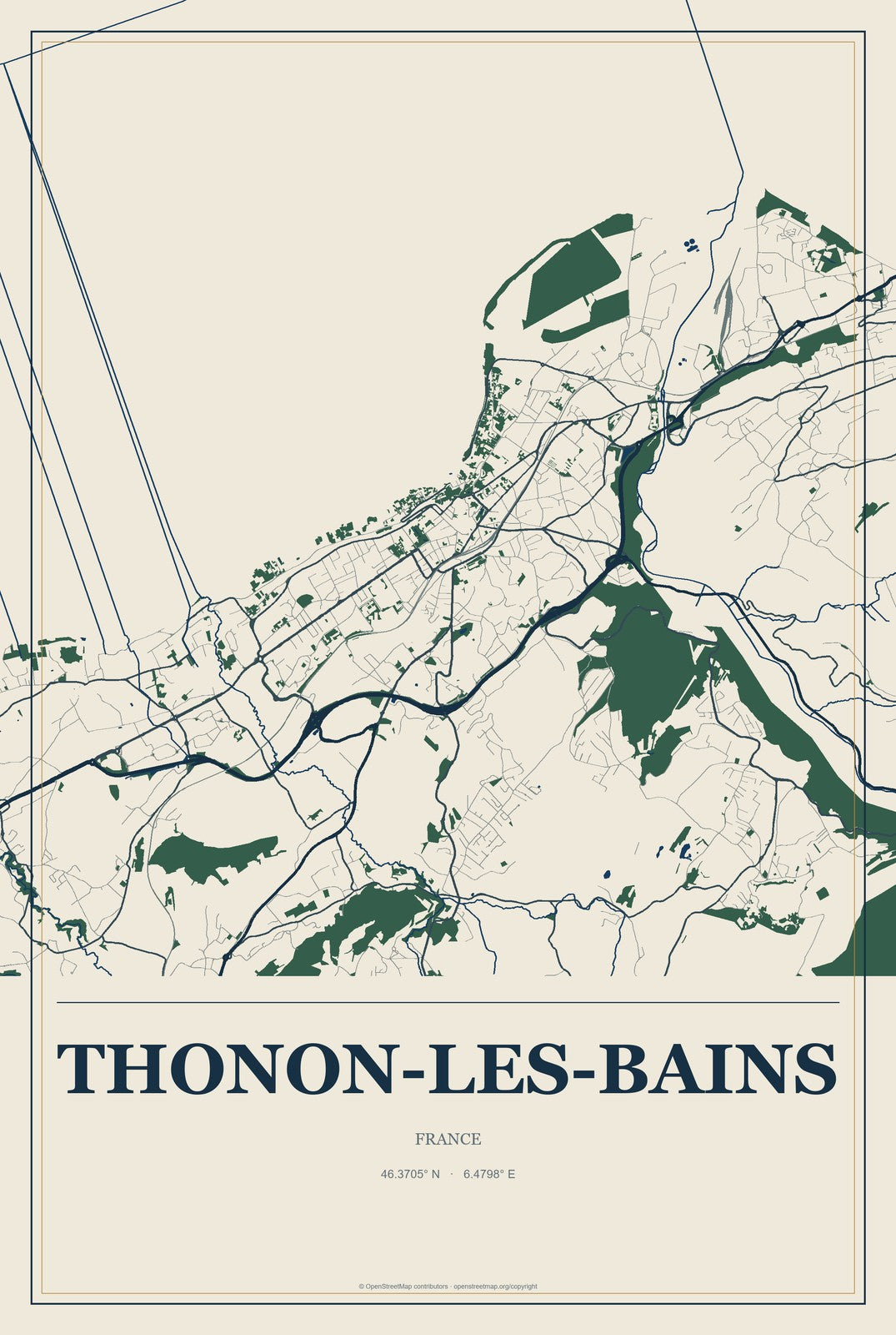 Thonon-les-Bains, France City Map Aluminum Sign in Coastal Cutout style