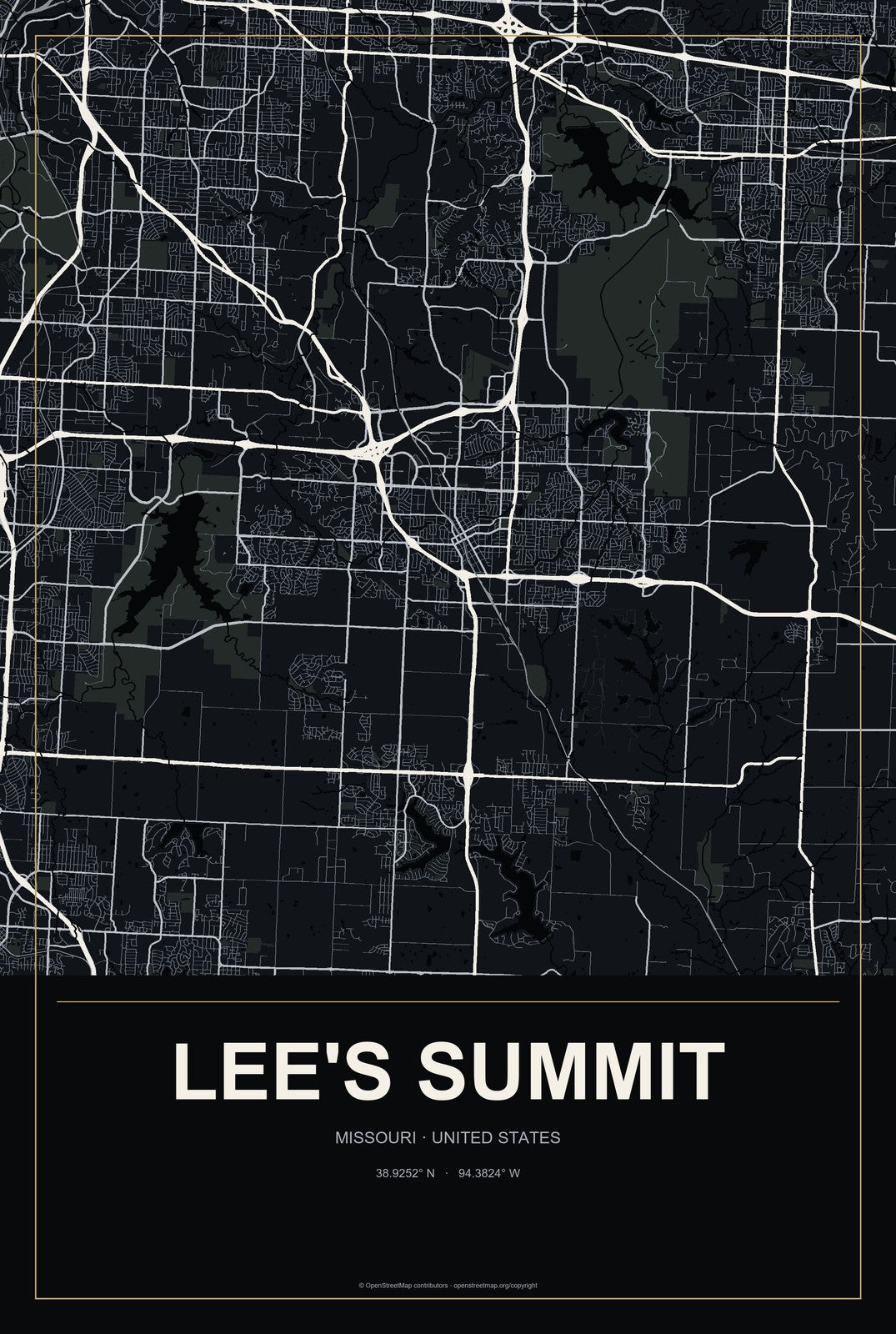 Lee's Summit, Missouri City Map Aluminum Sign in Metropolitan Noir style