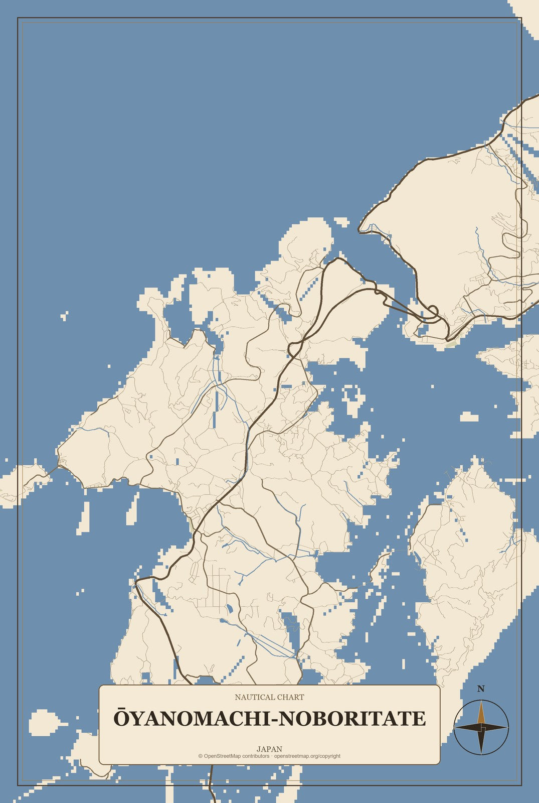 Ōyanomachi-noboritate, Japan City Map Aluminum Sign in Heritage Nautical style