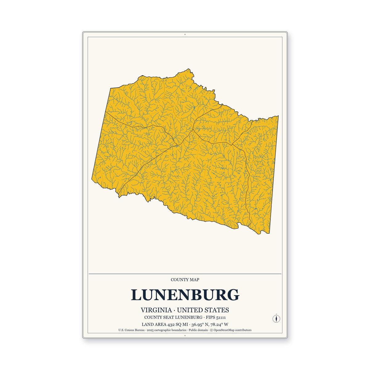 Lunenburg County, Virginia Map Aluminum Sign in Citrine Modern style