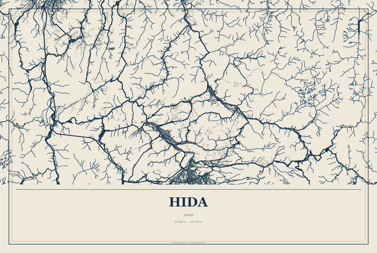 Hida, Japan City Map Aluminum Sign in Coastal Cutout style
