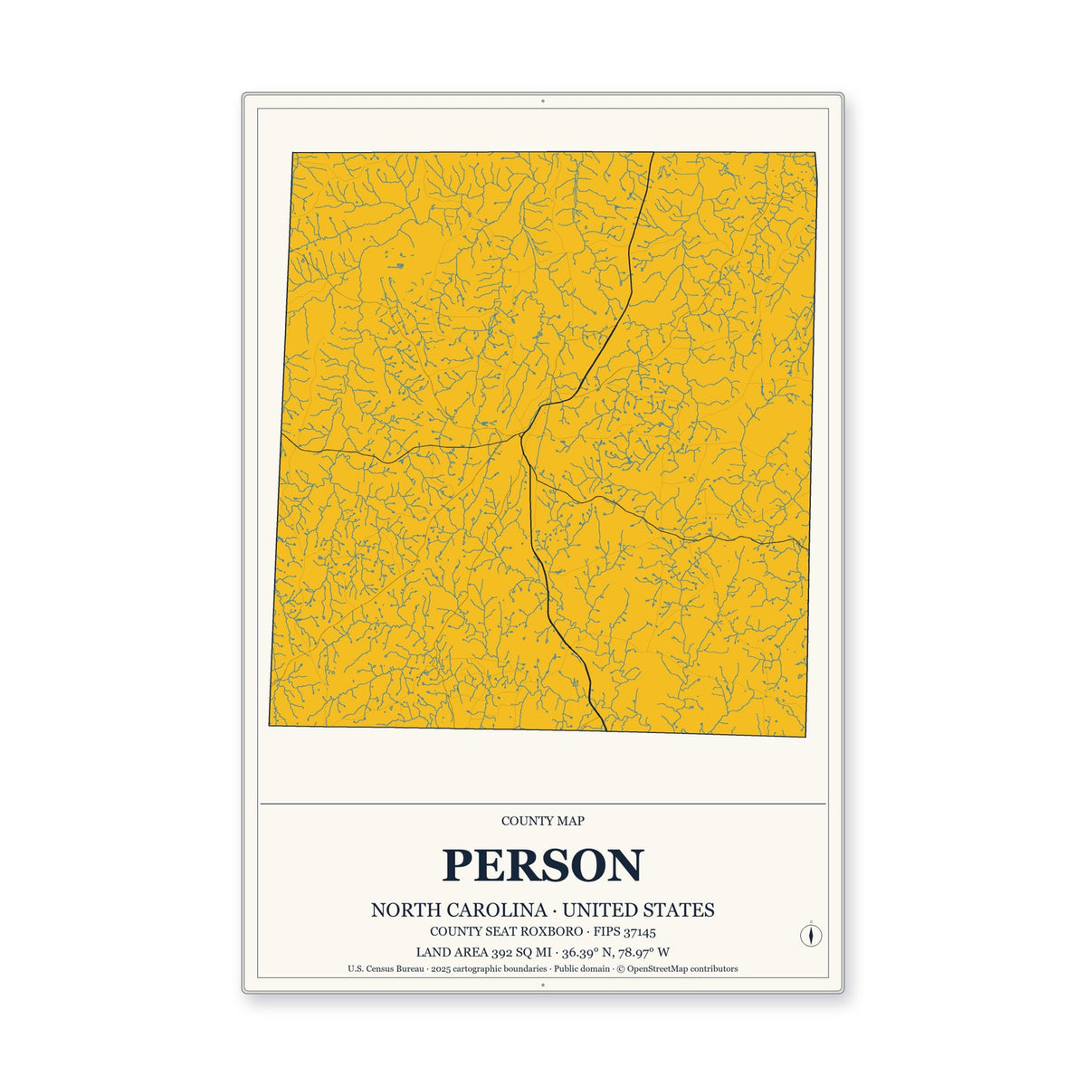 Person County, North Carolina Map Aluminum Sign in Citrine Modern style