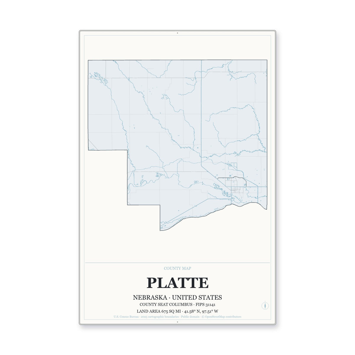 Platte County, Nebraska Map Aluminum Sign in Gallery Air style
