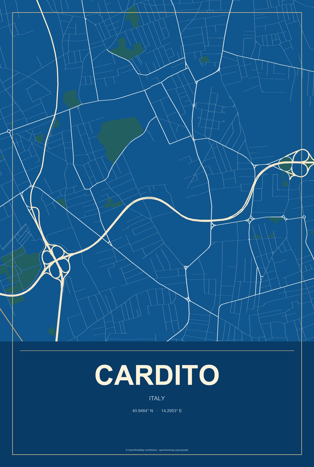 Cardito, Italy City Map Aluminum Sign in Harbor Cobalt style