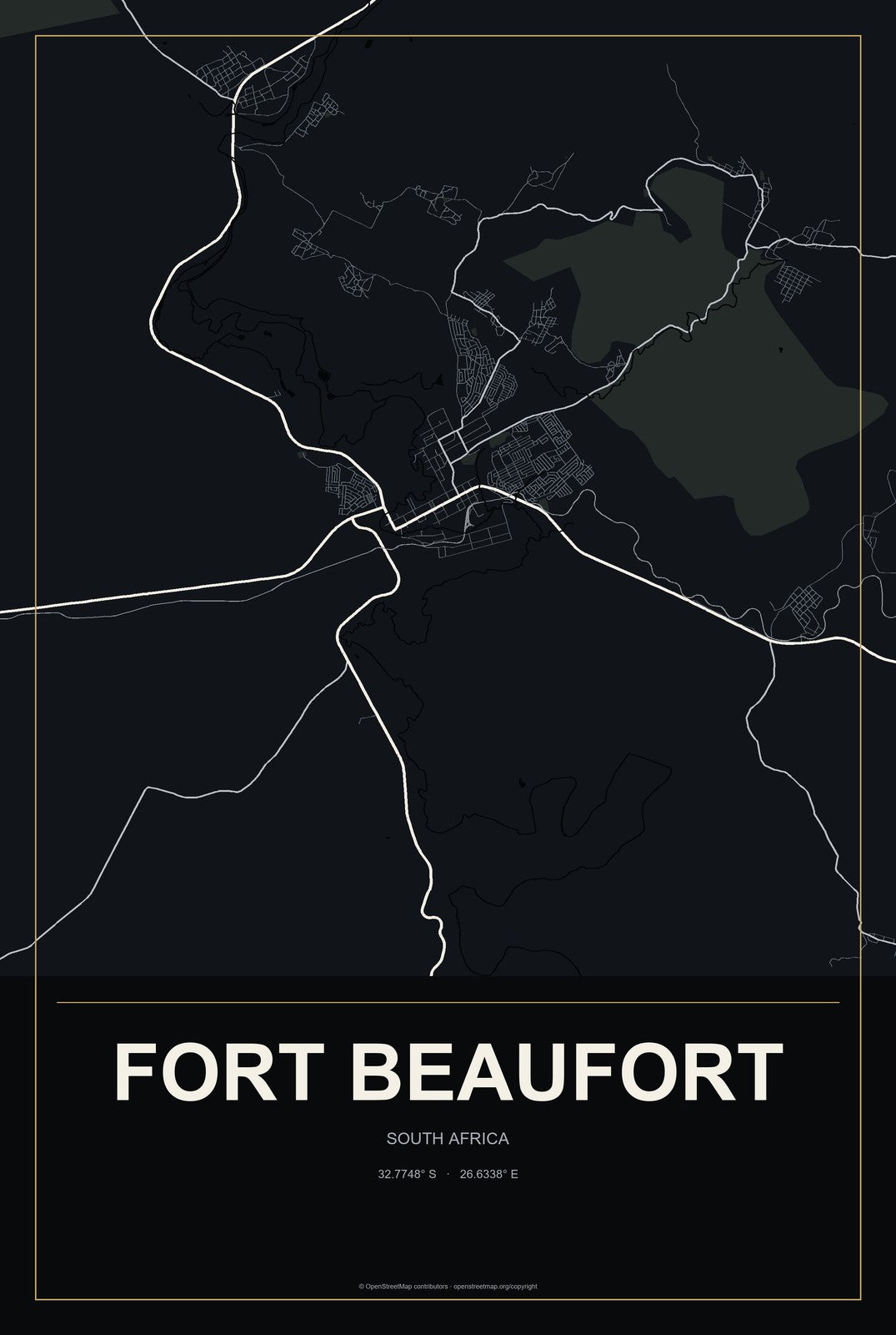 Fort Beaufort, South Africa City Map Aluminum Sign in Metropolitan Noir style