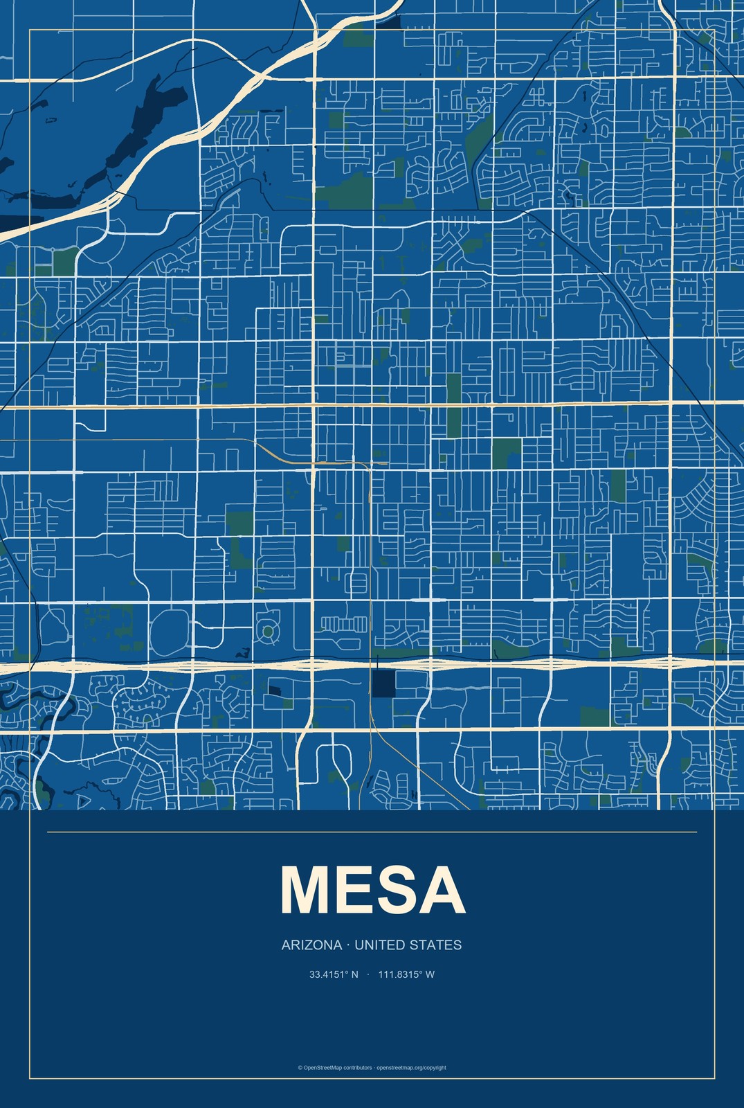 Mesa, Arizona City Map Aluminum Sign in Harbor Cobalt style