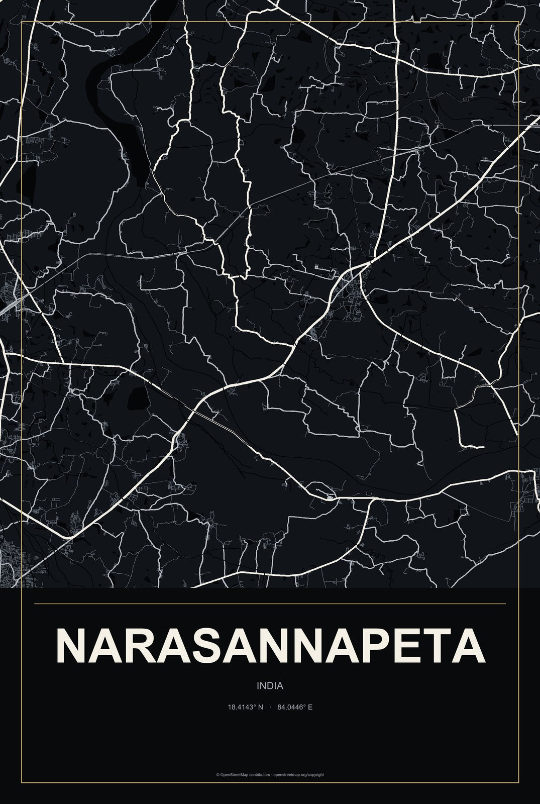 Narasannapeta, India City Map Aluminum Sign in Metropolitan Noir style